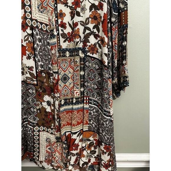 Boho Floral Geometric Quilt Square Pattern Long Sleeve Button-Down Shirt Kimono - Picture 9 of 16